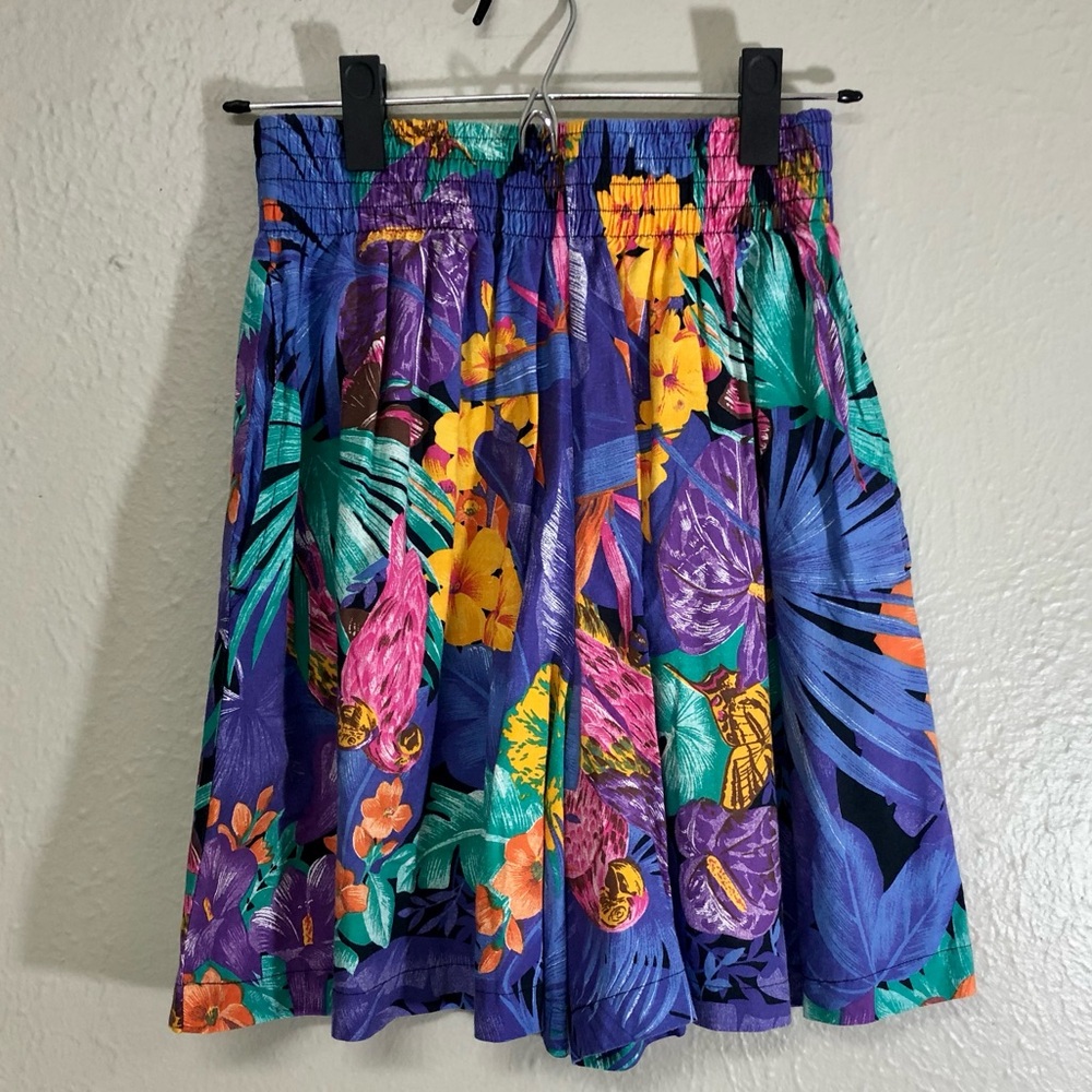 High waisted vintage tropical pattern vacation mom shorts cotton rayon pockets M